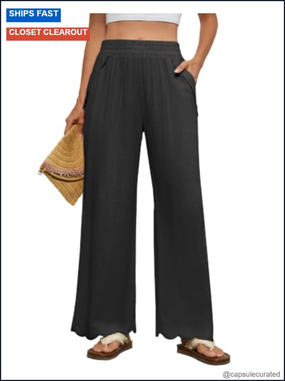 Cotton Linen Palazzo Pants Wide Leg Scalloped Hem